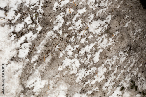 Dirty snow spring background. Old and dirty snow texture. Natural background. Snow mixed with coal soot, poor ecology. Environmental pollution.