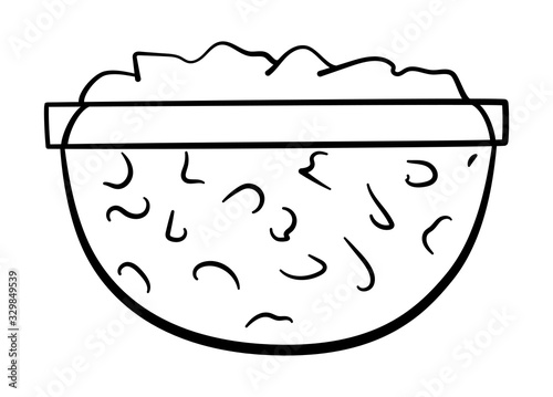 Bowl with cottange cheese in black lines on white background