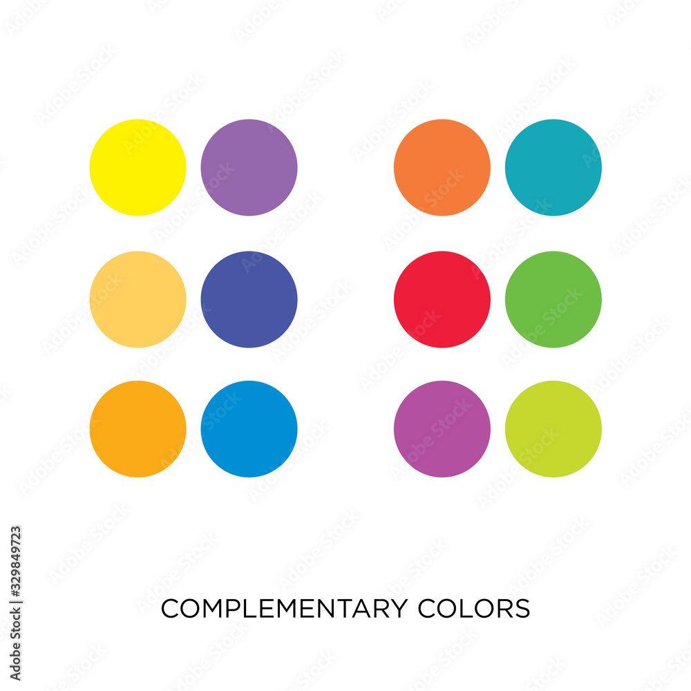 Complementary colors chart - opposing watercolor drops in a circle - red green, orange blue, yellow violet - three-dimensional isolated vector illustration