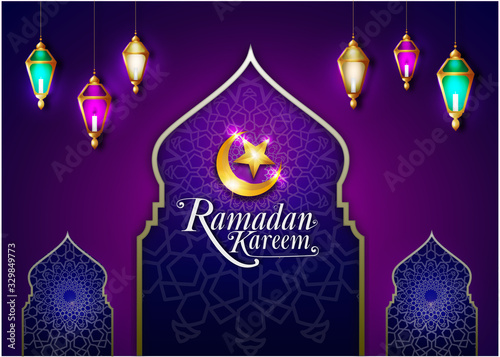 Ramadan Kareem with 3D Hanging lamp islamic and cresent moon for cover design, gradiant black, blue, purple
