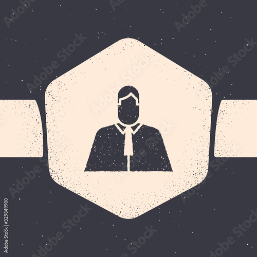 Grunge Lawyer, attorney, jurist icon isolated on grey background. Jurisprudence, law or court icon. Monochrome vintage drawing. Vector Illustration