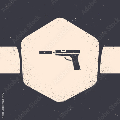Grunge Pistol or gun with silencer icon isolated on grey background. Monochrome vintage drawing. Vector Illustration