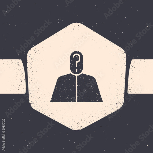 Grunge Anonymous man with question mark icon isolated on grey background. Unknown user, incognito profile, business secrecy, obscurity. Monochrome vintage drawing. Vector Illustration
