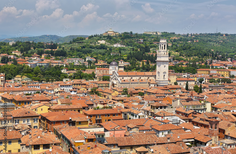 Cityscape of Verona city from Lamberti Tower, Italy.