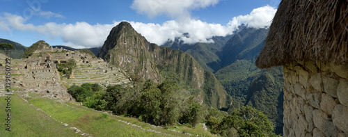 Panorama Machu Picchu Incan citadel. Andes Mountains Peru. Urubamba River valley.