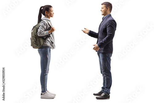 Female student and a young man talking