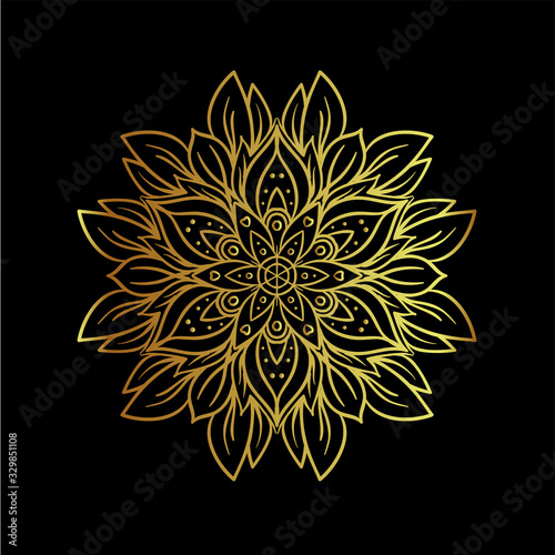 Lotus and Sacred Geometry. Ayurveda symbol of harmony and balance, and universe. Tattoo flesh design, yoga logo. Boho print, poster, t-shirt textile. Gold over black. Isolated vector illustration.