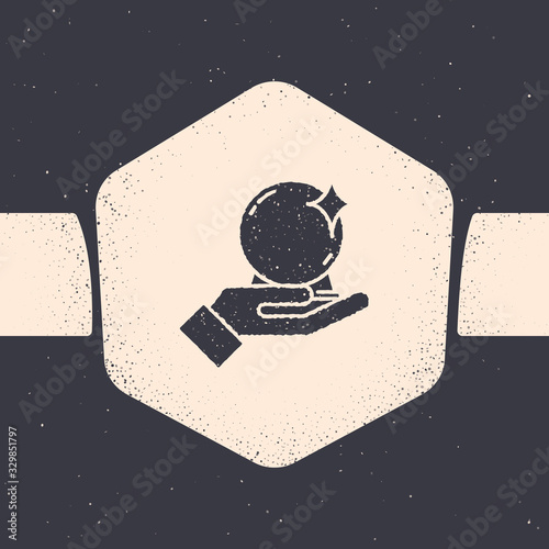 Grunge Magic ball on hand icon isolated on grey background. Crystal ball. Monochrome vintage drawing. Vector Illustration