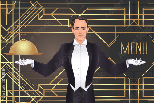 Elegant vintage waiter standing with tray and metal cloche lid cover. the concept of the best service and suggestions. Art deco style.