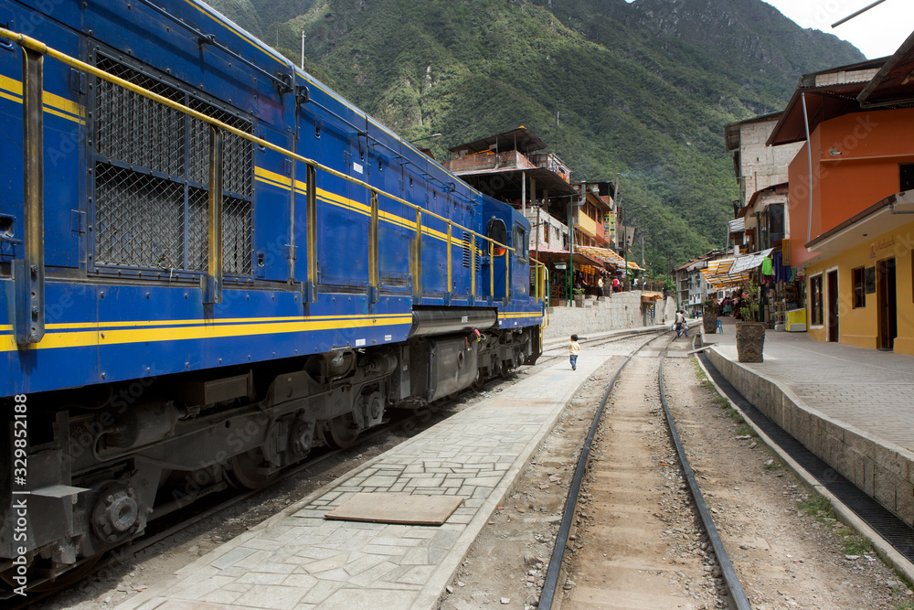Train to Machu Picchu Incan citadel. Andes Mountains Peru. Urubamba River valley.