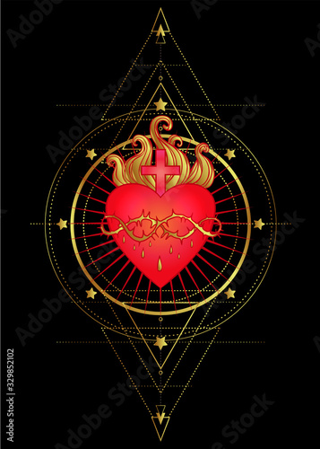Sacred Heart of Jesus with rays. Vector illustration in red and gold isolated...