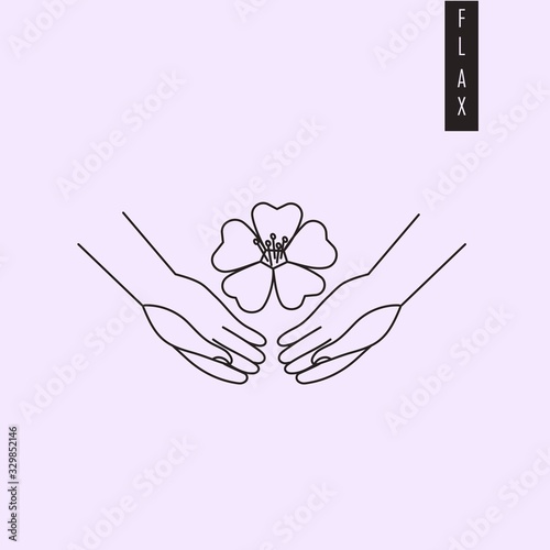 Vector illustration of hands holding flax plant flower in outiline style. Linseed drawing for medicine, culinary or nutritional supplement label, logo, emblem, print design or engraving.