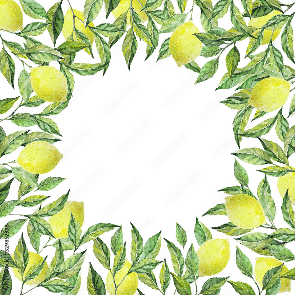 Frame with lemons and branches on white background. Watercolor illustration. Design for card, scrapbooking, invitations, congratulations, photo. High quality 300 dpi.
