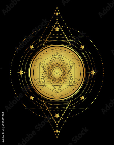 Lotus and Sacred Geometry. Ayurveda symbol of harmony and balance, and universe. Tattoo flesh design, yoga logo. Boho print, poster, t-shirt textile. Gold over black. Isolated vector illustration.