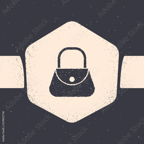 Grunge Handbag icon isolated on grey background. Female handbag sign. Glamour casual baggage symbol. Monochrome vintage drawing. Vector Illustration