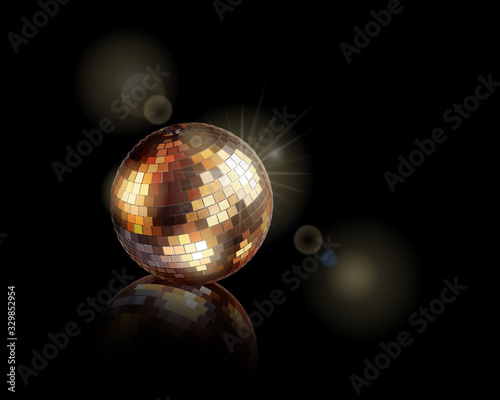 Disco ball abstract background. Golden disco ball and reflect shine in dark.