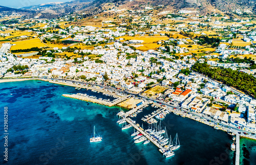 Aerial view of boats and yachts anchored in harbor at Paros Island, Greece