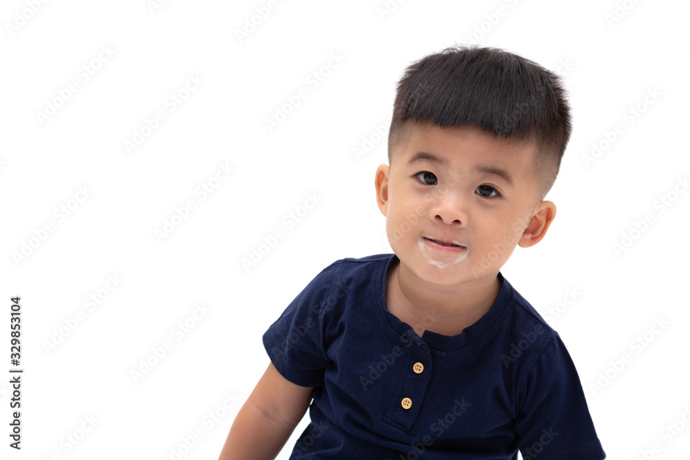 Cute Asian baby little boy with milk mustache isolated on white background, Milk stains stick to the mouth concept Cute Asian baby little boy with milk mustache isolated on white background, Milk stains stick to the mouth concept