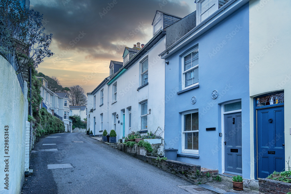 Typical street in fowey in Cornwall south west England