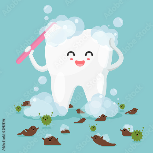 Cute tooth characters in flat style. happy healthy teeth cleaning and removing stains with bacteria. 