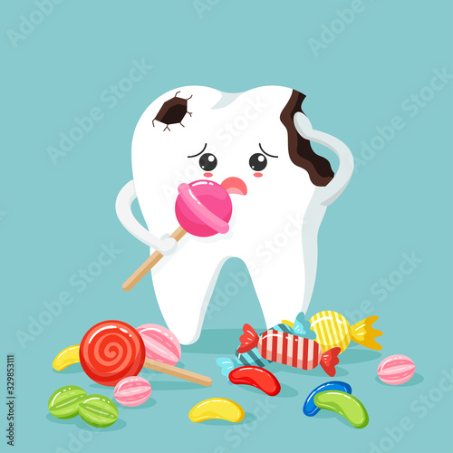 Cute tooth characters feel bad in flat style. unhealthy teeth plaque and caries hole with colorful candy. 