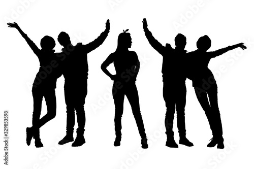 Vector silhouettes of young people in all-weather clothes, girl in the turban and the guy are standing in full growth, hugging and friendly waving their hand raised up. The figure of the girl sideways