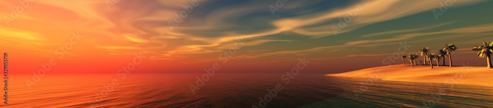 Panorama of a tropical beach at sunset, island in the ocean against the sky, 3D rendering Panorama of a tropical beach at sunset, island in the ocean against the sky, 3D rendering