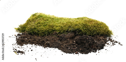 Green moss and pile dirt isolated on white background