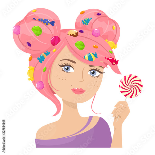 Sweet and beautiful girl with candy in hand and sweets in her hair. Vector illustration in cartoon style.