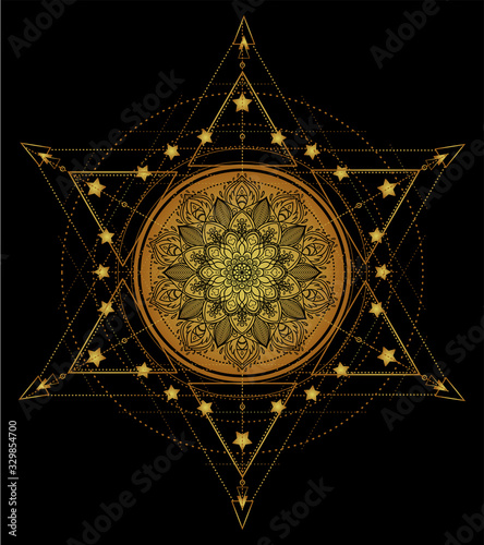 Lotus and Sacred Geometry. Ayurveda symbol of harmony and balance, and universe. Tattoo flesh design, yoga logo. Boho print, poster, t-shirt textile. Gold over black. Isolated vector illustration.