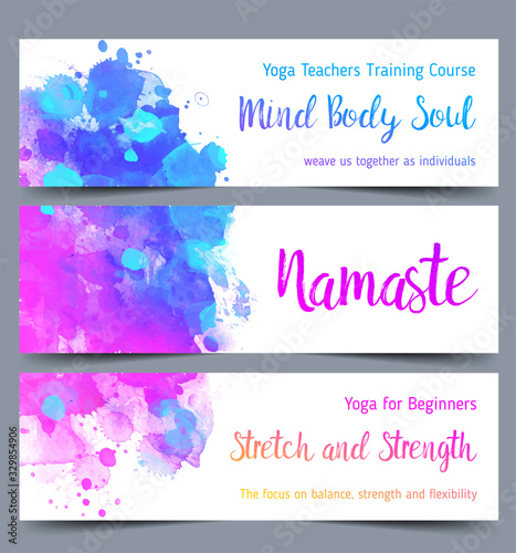 Stretch and Strength. Yoga card design. Colorful template for spiritual retreat or yoga studio. Ornamental business cards, oriental pattern. Vector illustration.