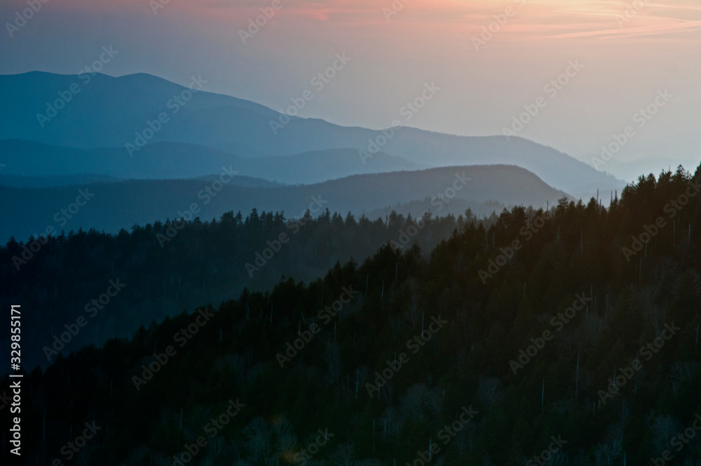 Sunset over the Smoky Mountains viewed from Clingman's Dome in Great Smoky Mountains National Park.