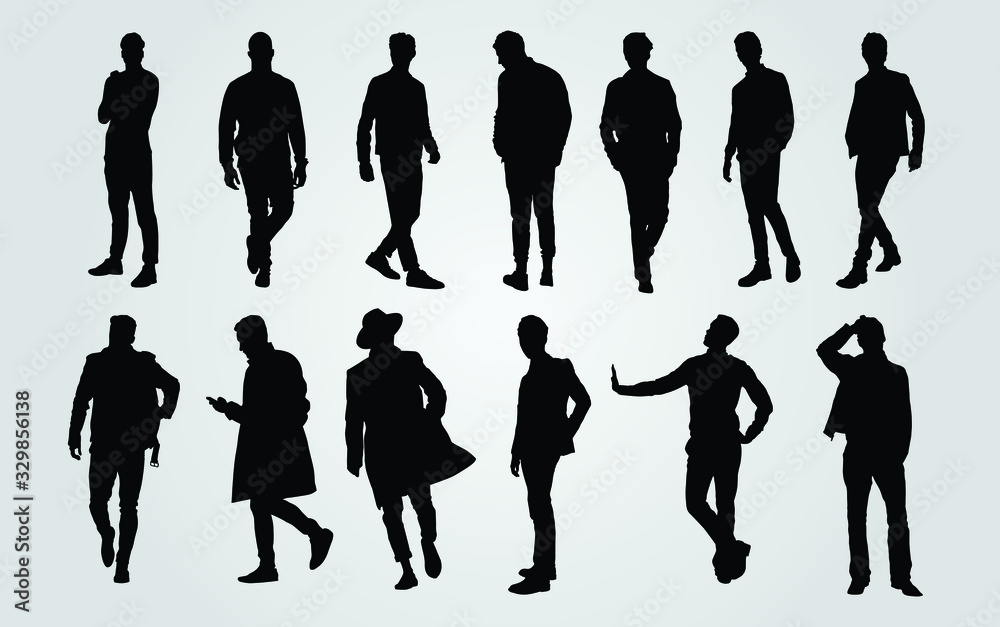 Silhouettes of Casual People in a Row. man silhouette vector - obrazy, fototapety, plakaty 