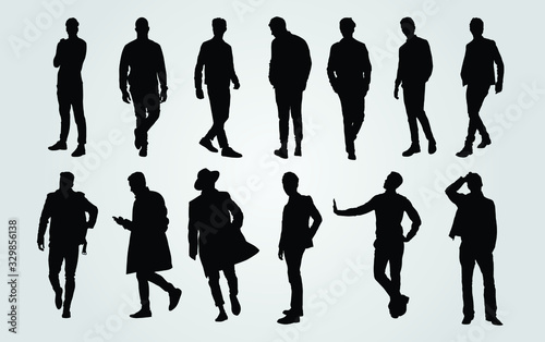 Silhouettes of Casual People in a Row. man silhouette vector photo