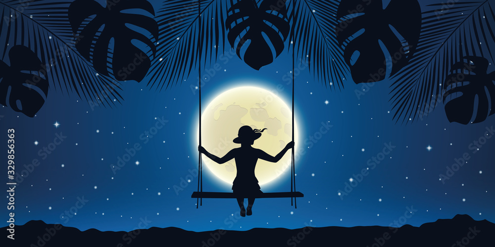 pretty girl on a swing at night background with full moon and palm tree ...