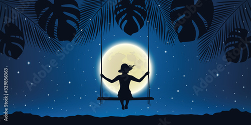 pretty girl on a swing at night background with full moon and palm tree leaves vector illustration EPS10