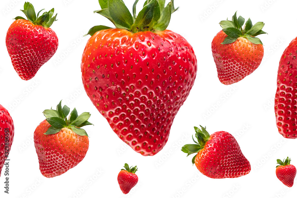 Banner. Ripe, group large strawberries, on a white background. Items in levitation. Isolated item. Banner. Ripe, group large strawberries, on a white background. Items in levitation. Isolated item.