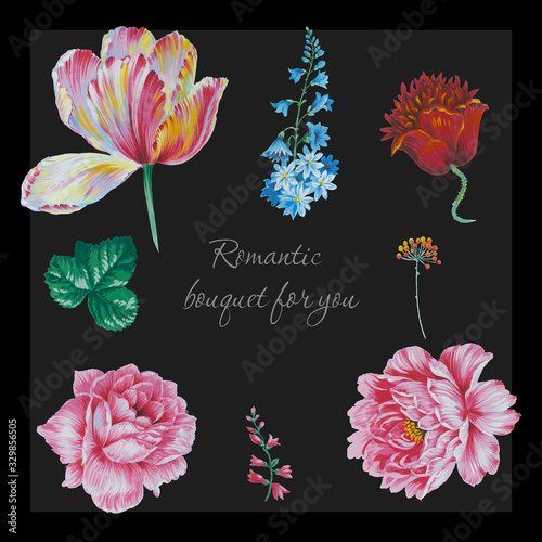 Set of card with flower rose, tulip, leaves. Wedding ornament concept. Floral poster, invite. Decorative greeting card or invitation design background