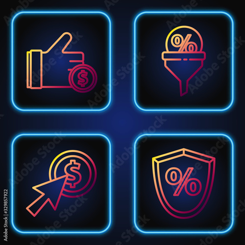 Set line Loan percent, Cursor and coin, Hand holding coin and Lead management. Gradient color icons. Vector