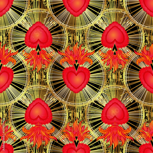 Seamless pattern of sacred Heart of Jesus with rays. Vector illustration in r...