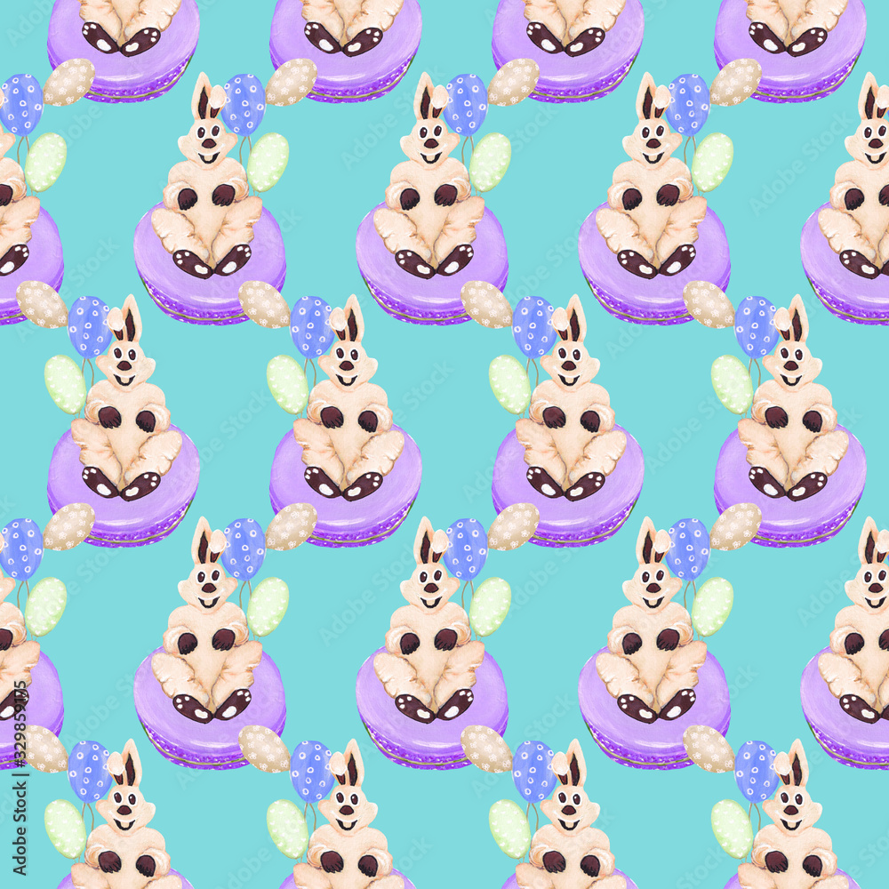Obraz premium white chocolate bunny and macaroons, seamless pattern