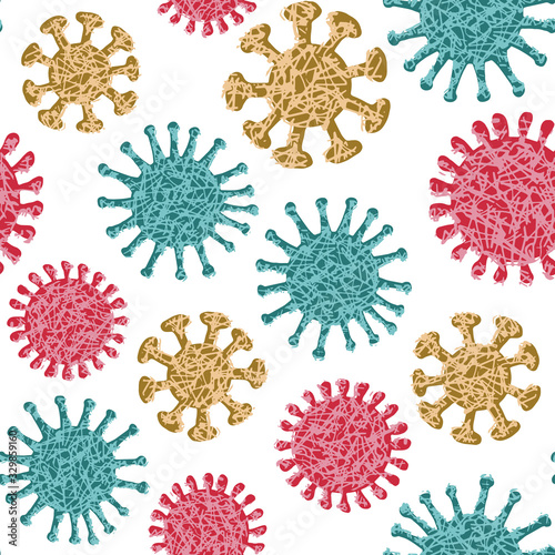Vector seamless pattern with coronavirus images. Hand drawn colorful illustration of bacteria. Covid-19 design.
