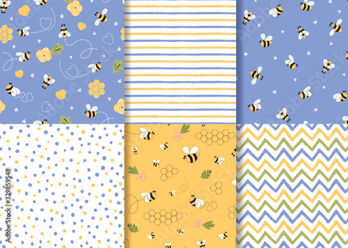 Bee kids seamless pattern in lilac color set Cute hand drawn simple background collection vector