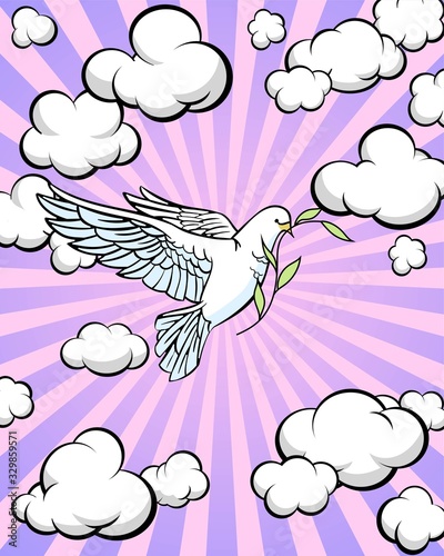 Cartoon color illustration. White dove against the sky with clouds. Vector illustration