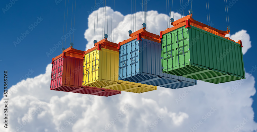 Four colorful freight containers in the air. 3D Rendering 