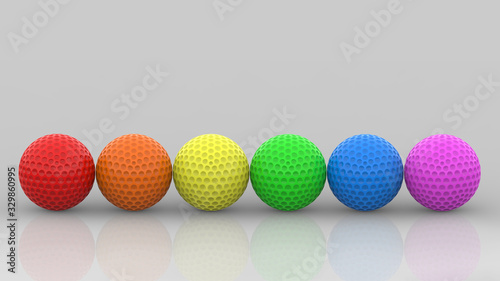 3d rendering. LGBT rainbow color Golf Balls row on gray wall background.