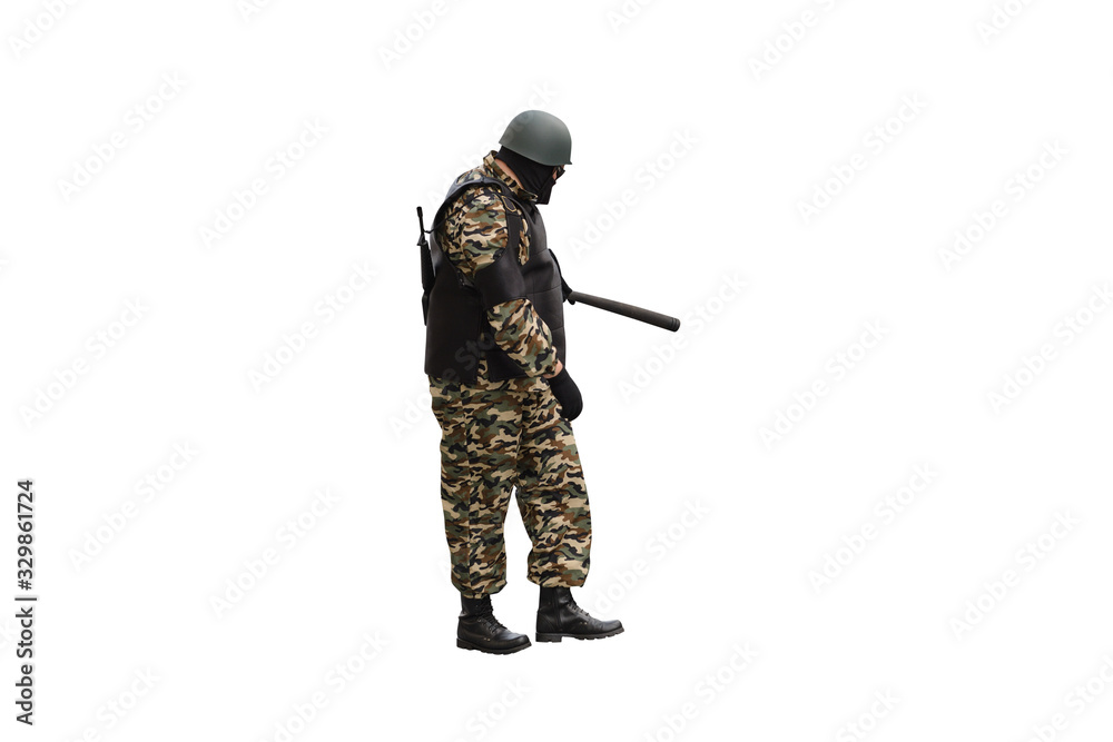 soldier with helmet with camouflage assault rifle and with a baton isolated on white background soldier with helmet with camouflage assault rifle and with a baton isolated on white background