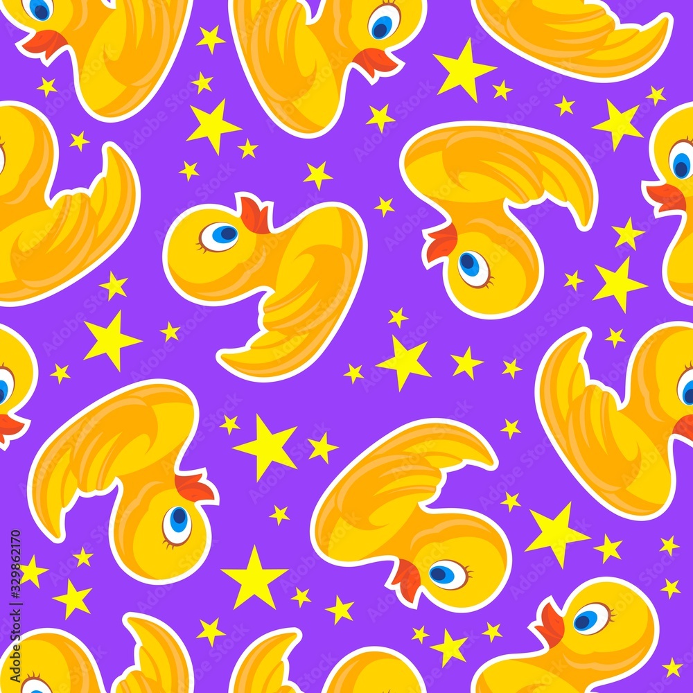 Fototapeta premium Cheerful childish seamless pattern. Yellow ducks and stars on a purple background. Vector illustration.