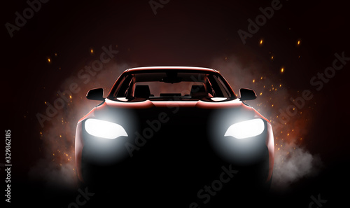 Generic and brandless modern sport car with fire and smoke