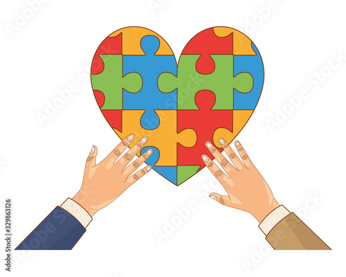 hands human with heart puzzle game pieces